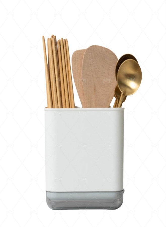 shenruifa Utensil Holder with Drain Tray - White Plastic Cutlery Organizer for Spoons, Forks, Chopsticks - Kitchen Counter Sink Organizer - Image 1